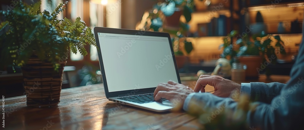 Aufkleber the concept image shows a close-up of a businessman's hand working on a laptop computer with a blank