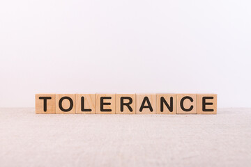 TOLERANCE word concept written on wooden cubes lying on a light table and light background.