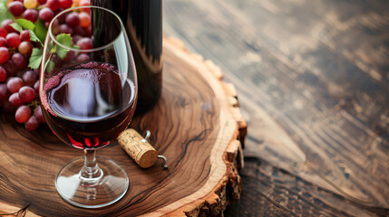 Close-up of a glass of red wine with a bottle of wine placed on a wooden board background - obrazy, fototapety, plakaty