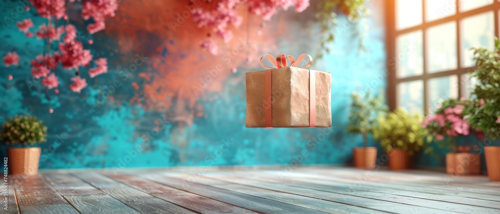 Poster floating present box with pastel background concept. 3d rendering.