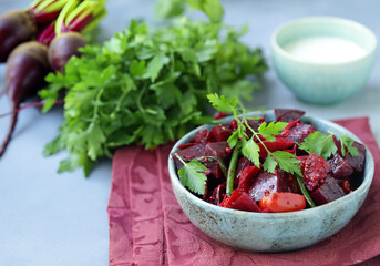 beet salad vinaigrette on wooden table