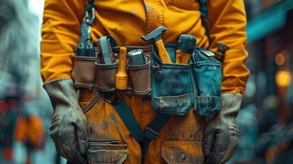 Fototapeta na wymiar Close-up of Maintenance worker with bag and tools kit wearing on waist