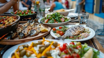 Mediterranean dishes arranged outdoors on a table at a taverna in Southern Europe.