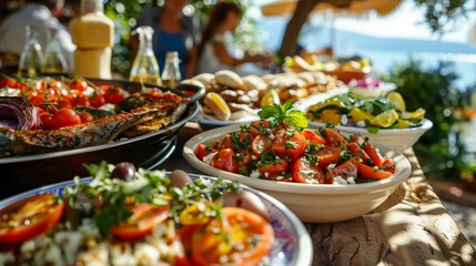 Mediterranean dishes arranged outdoors on a table at a taverna in Southern Europe. - obrazy, fototapety, plakaty