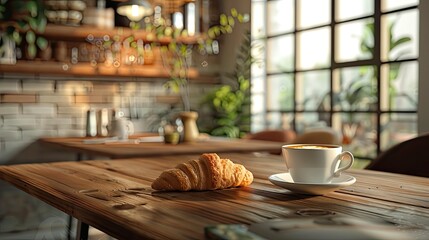 a cozy coffee shop interior, focusing on a rustic wooden table adorned with a beautifully crafted coffee cup, intricate latte art, a flaky croissant.