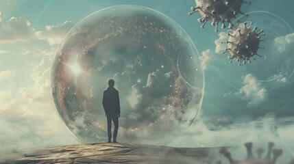 a person inside a large bubble, viruses floating outside the bubble, ,representing immune system.