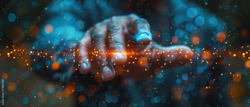 Poster An entrepreneur with his hand touching the digital data network transformation for next-generation technologies such as cyberspace, Internet networks, software development, algorithms, metaverse and
