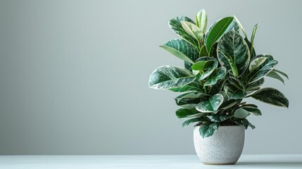 A light, bright photo of a Ficus elastica 'Tineke' pot plant, also known as a Variegated Rubber Tree or Variegated Ficus Elastica. - obrazy, fototapety, plakaty