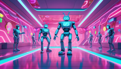 a group of robots in a futuristic setting with neon lights in holographic style
