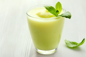 Obraz na płótnie Canvas A refreshing glass of green smoothie garnished with a mint leaf on a white background, symbolizing health and vitality.
