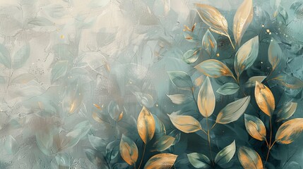Oil on canvas. Abstract artistic background. Retro, nostalgic, golden brushstrokes. Textured background. Floral leaves, green, gray, wallpaper, poster, card, mural, carpet, hanging, print. - obrazy, fototapety, plakaty