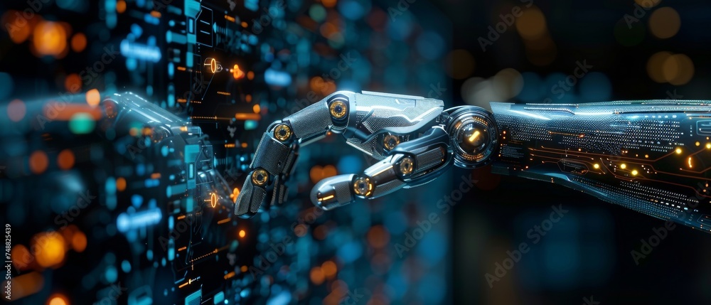 Leinwandbilder a robot's hand touching a modern interface and ai word (artificial intelligence), connection technol