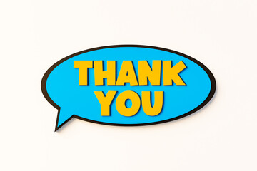 Thank you, cartoon speech bubble. Colored online chat bubble, comic style. Thankful, gratitude, thank you phrase, congratulating, respect, inspiration. 3D illustration