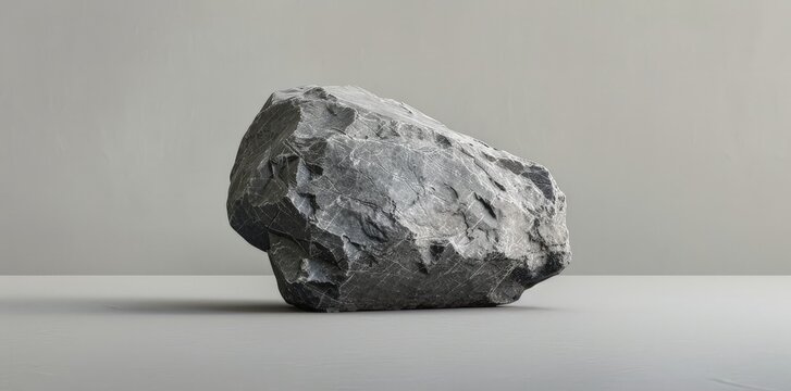 A single rock is placed on top of a wooden table, creating a simple yet intriguing composition.