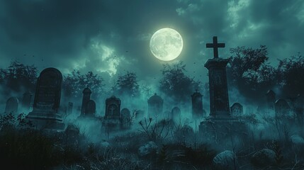 An illustration of a graveyard at night with a moon in a cloudy sky and bats.