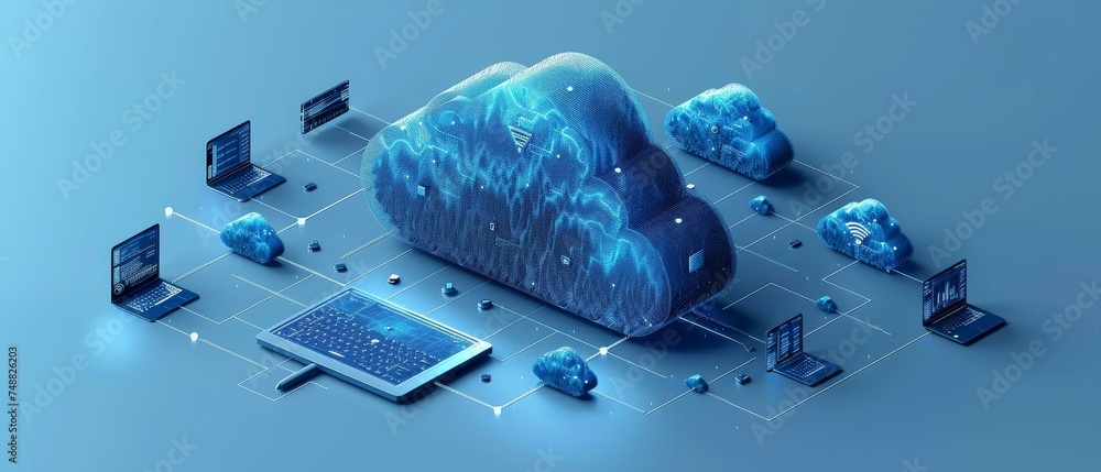 Aufkleber Network devices with cloud computing computing. Laptop, tablet, phone synchronization with cloud computing. Online collaboration in the internet. Remote work technology in network communications.