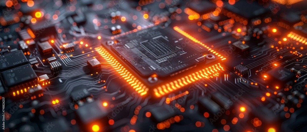 Fototapete CAD systems and abstract technology background. 3D virtual reality interface with electronic hardware illustration. Quantum computing processors. Future computer technology. Abstract technology