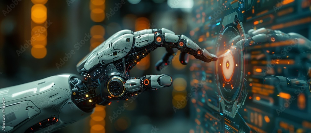Poster It is controlled by a robot mechanical arm or hand pressing the index finger onto the button to activate a 3D visualization of a virtual holographic interface. Conceptual design based on artificial