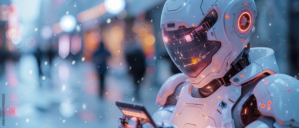 Aufkleber Mobile online chat bot on smartphone. Cyborg or robot with AI look out of screen phone. Chatbot, internet helper, virtual support of web services. Technology concept.