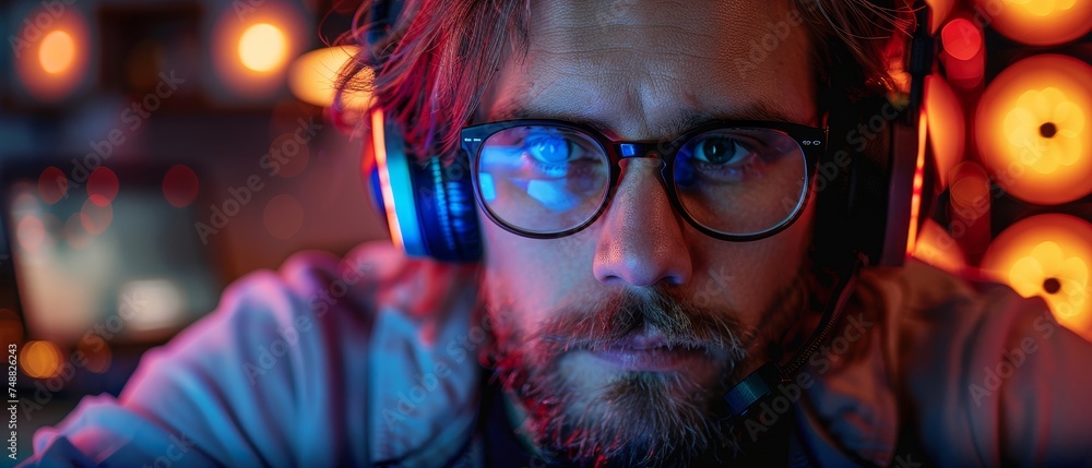 Poster Hacker works over laptop in dark room with neon lights. Guy with headset, glasses looks at code on screen. Programmer or coder writing code for a computer program.