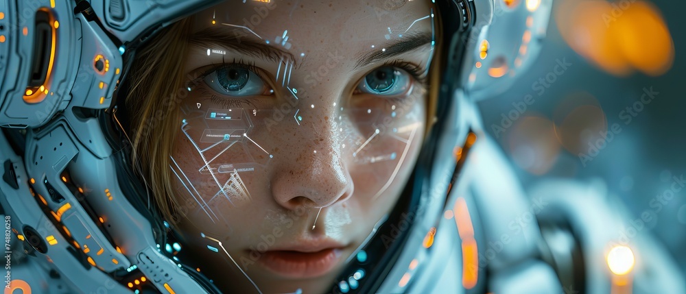 Leinwandbilder A female robot floating in zero gravity with artificial intelligence in virtual cyberspace. Neuronal networks learning concept. Beautiful robot woman with AI in virtual cyberspace.