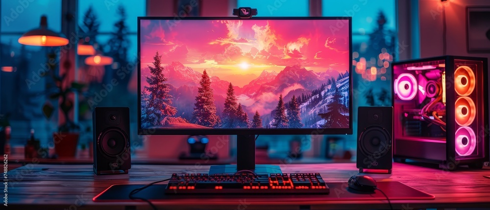 Fototapete gamer rig or powerful gaming computer with computer game on screen. monitor on table in gamer room w