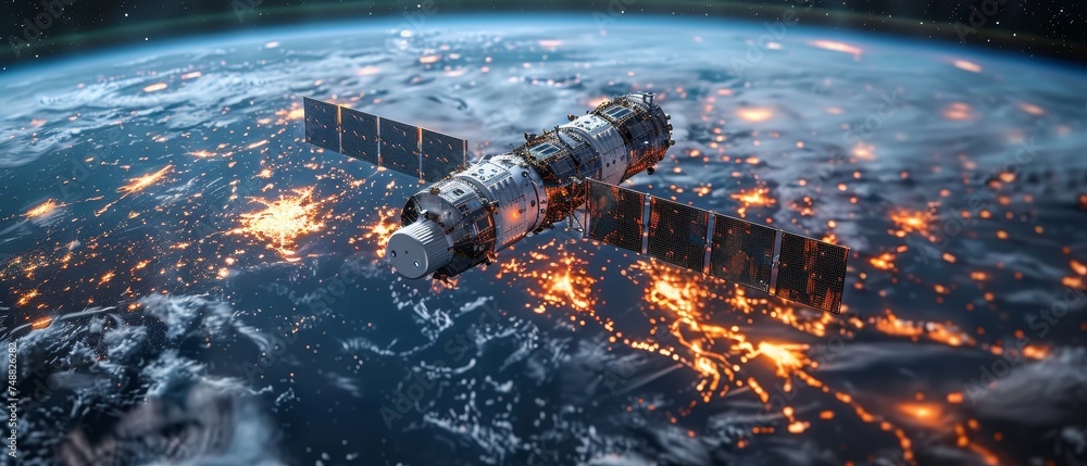 Aufkleber a global satellite internet communications concept. satellites transmit digital signals from space t
