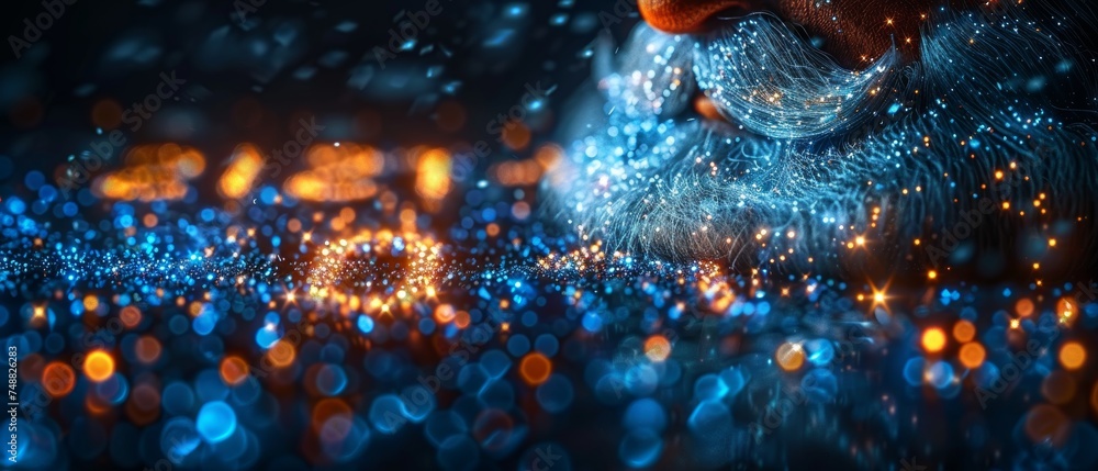 Poster an icon of santa claus in 2024 digits, consisting of glowing pixels on a blue background. suitable f