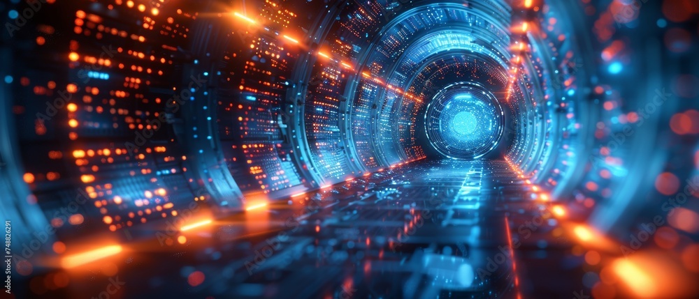 Aufkleber A fiction cyber door or portal in the data center with digital data center light signals. Future computer technology concept of cyberspace or metaverse. Tech banner.