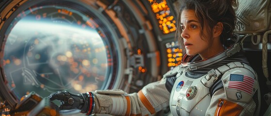 Spacesuit-clad female astronaut hovers in weightlessness inside spaceship against backdrop of window. Women work with control panels on space station. Hologram of Earth on monitor. - obrazy, fototapety, plakaty