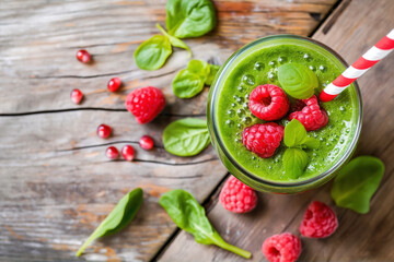 A vibrant green smoothie topped with raspberries and basil leaves, served in a glass with a striped straw.
