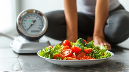 a fitness woman weighing a plate of food. clean background