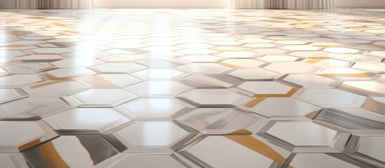 A white and gold tiled floor with intricate geometric patterns extends between tall, elegant columns in a stately building.