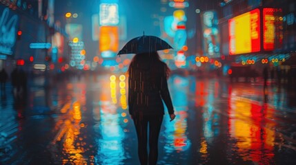 A woman walking alone in the rain on a city street at night.