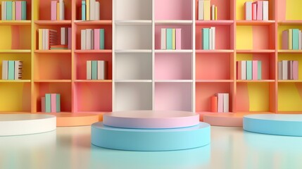 3d product stage, podium, minimal, clean, single podium, presentation, premium, shelves with lots of books on the background