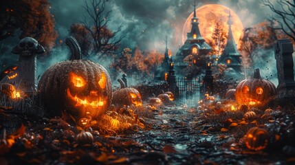 A graveyard in the middle of a spooky night - a Halloween backdrop with pumpkins