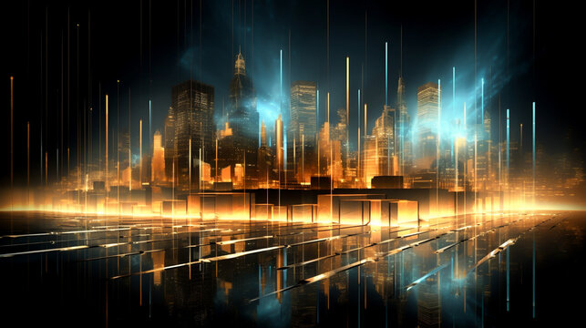 Dark futuristic cityscape with collapsing financial graphs holograms