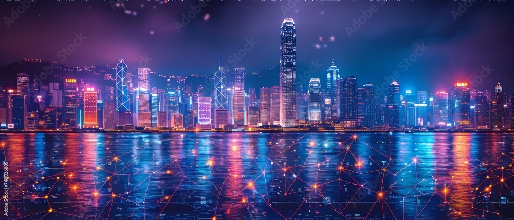 Poster cyberpunk color style digital city background at night, panoramic view using smart networks and conn