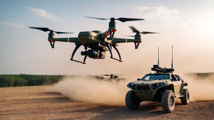 Reconnaissance military quadcopter and off-road vehicle in the desert