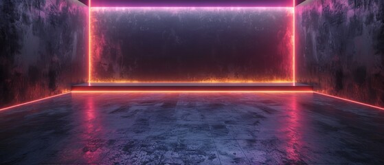 An abstract neon background surrounded by 3D illustrations of an empty display scene and walls covered in black shadows