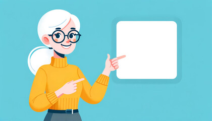  joyful white woman with glasses, dressed in a yellow sweater pointing at copy space