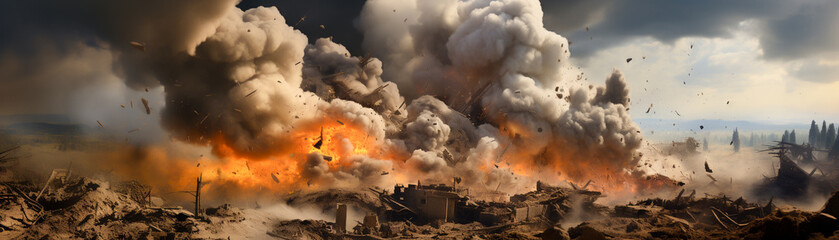 Destruction from above military bombing devastates location explosions and smoke mark a war torn landscape