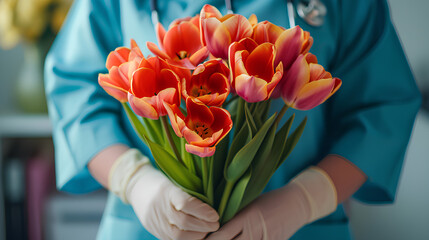 A bouquet of tulip flowers in the hands of a female doctor with a removed protective medical mask