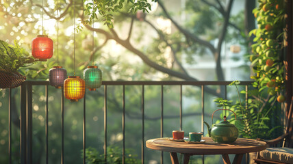 Serene balcony scene with multicolored lanterns during golden hour