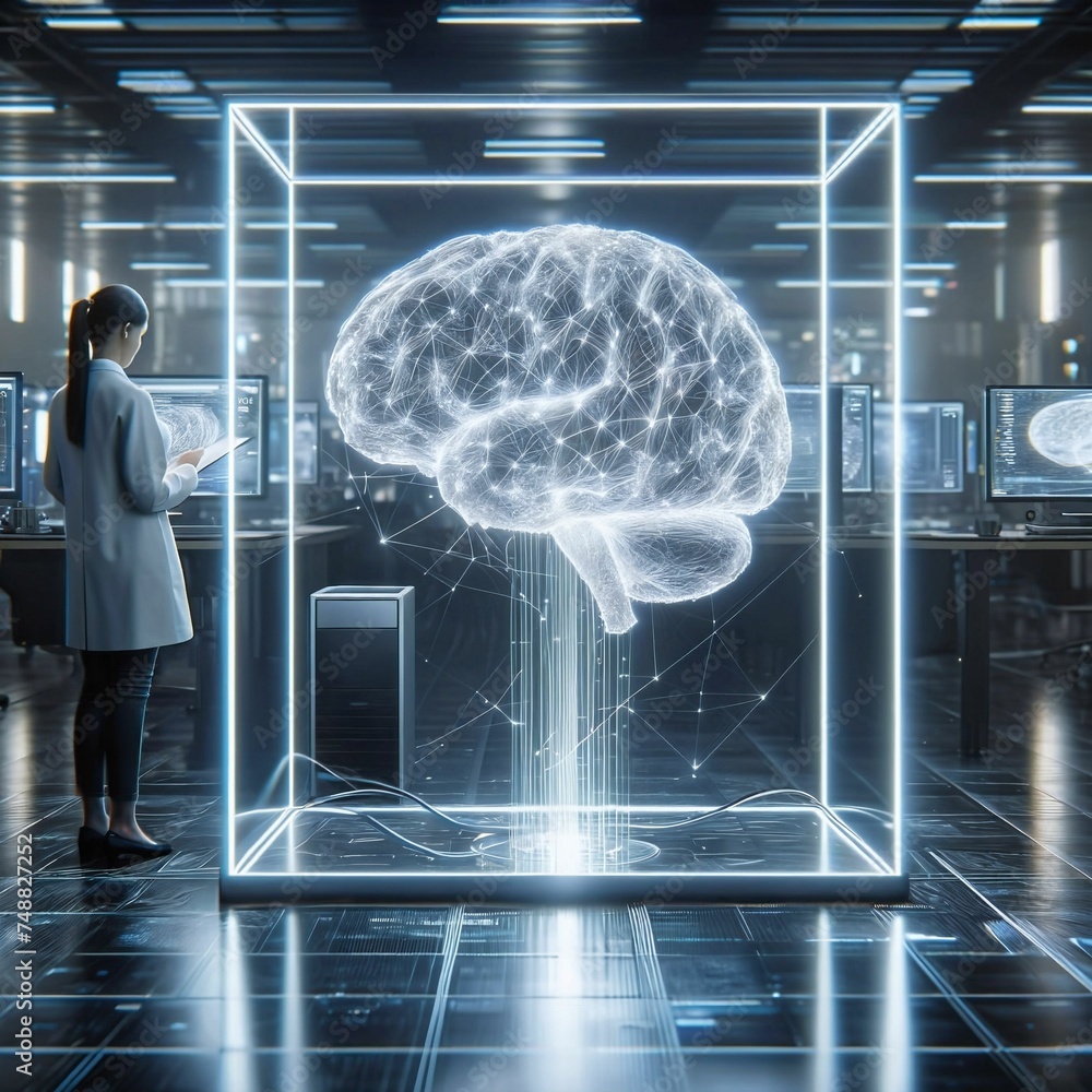 Poster digital ai brain. interacting with an artificial super intelligence far more intelligent than a huma