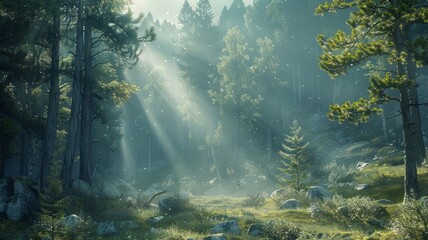 Misty forest morning with sunbeams filtering through the trees