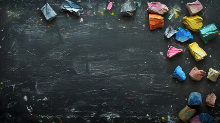 Black dirty chalkboard texture with different colors of chalk pieces, copy space - obrazy, fototapety, plakaty