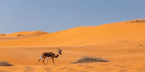 Group of Antelope strolling in desert under clear blue sky. Suitable for travel, wildlife, nature, and conservation themed projects.