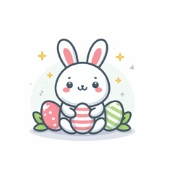 Cute Little Rabbit With Easter Eggs  Vector Illustration