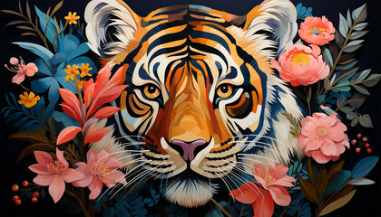 Tropical background with exotic flowers,Portrait of a Tiger surrounded with flowers pastel colors. Tropical jungle